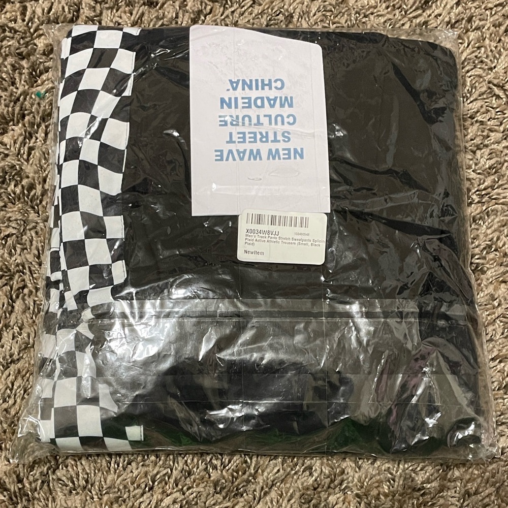 Black Track Pants with Checkerboard Side Stripes - Picture 3 of 3